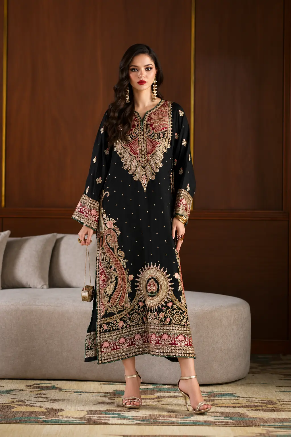 ETHNIC_luxury_embroidered_silk_kaftan_front_view