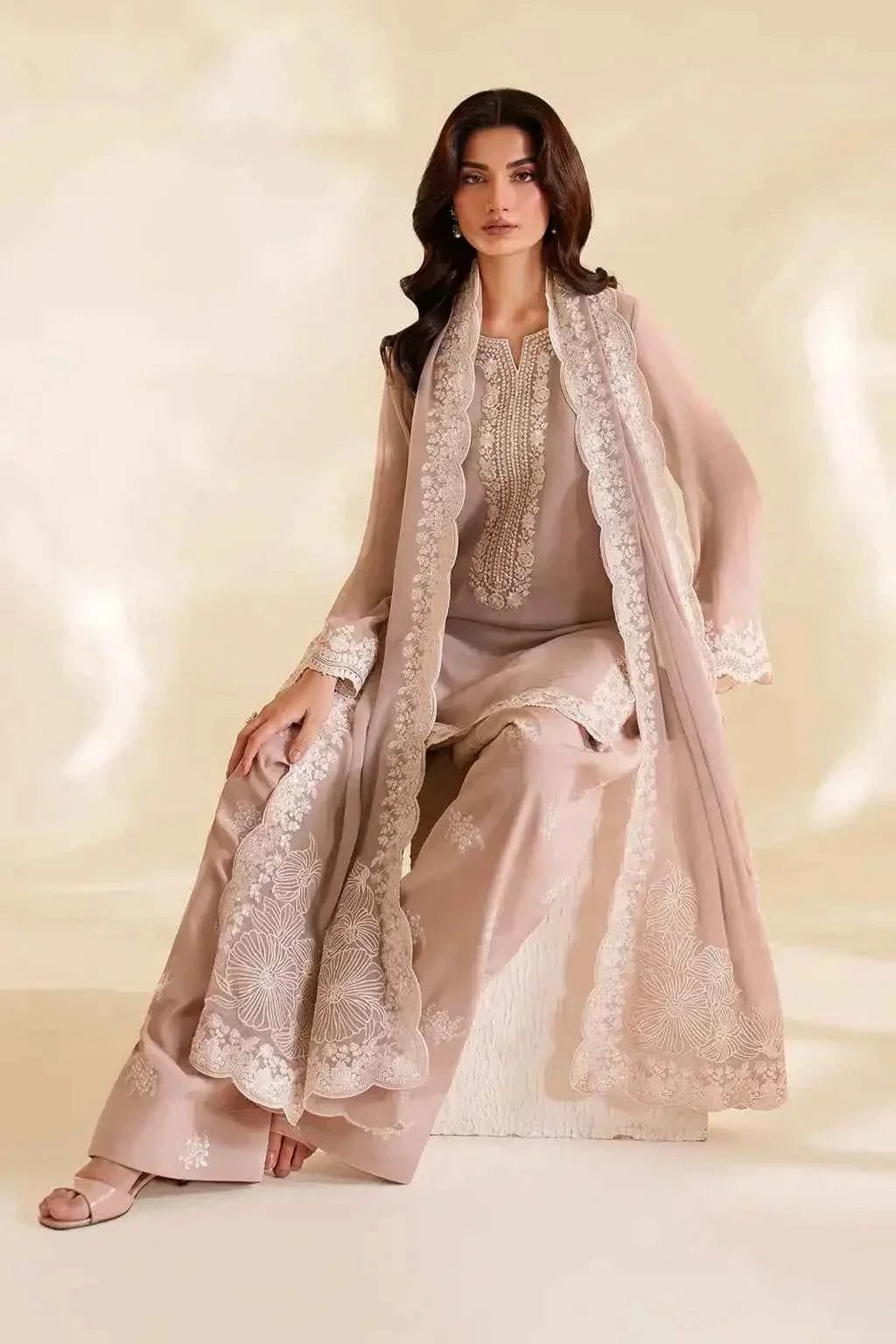 IZNIK Chiffon Suit with adda work neckline, embroidered sleeves, chiffon dupatta, and Malai trouser