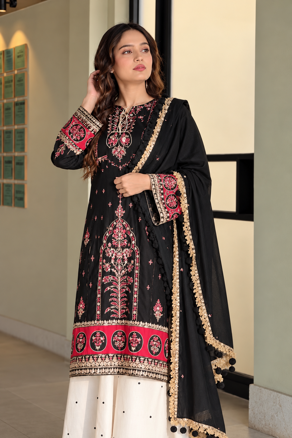 LAAM silk premium heavy embroidered 3-piece suit with black dupatta and ivory trousers