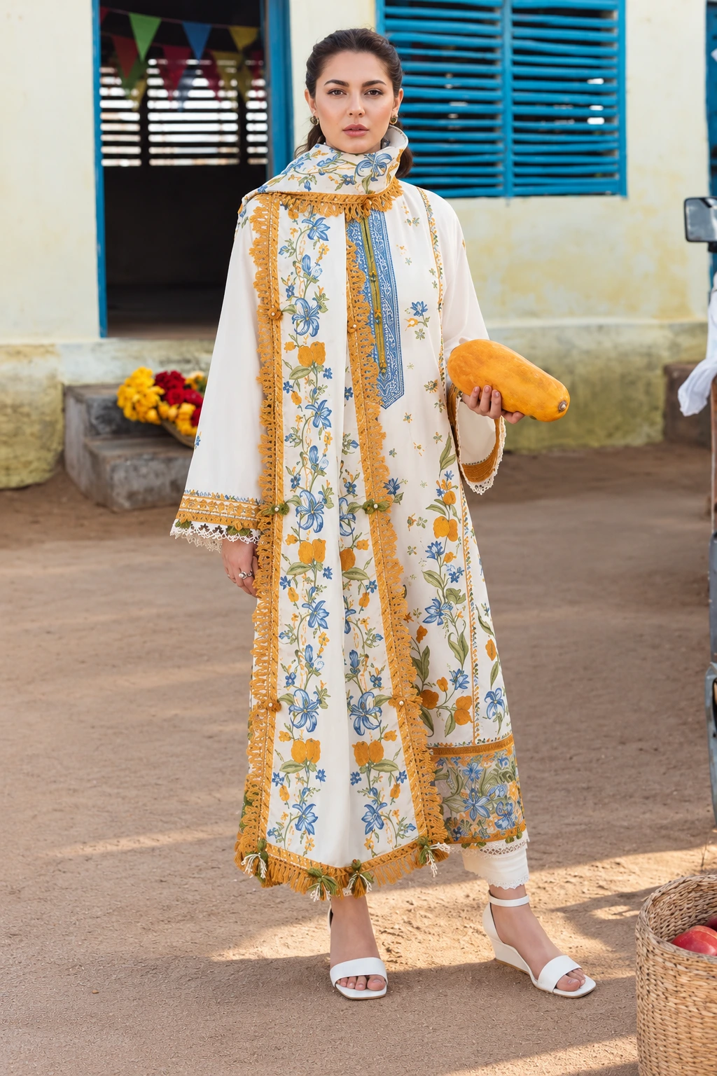 ZAHA embroidered Dhanak unstitched 3-piece suit with printed wool shawl